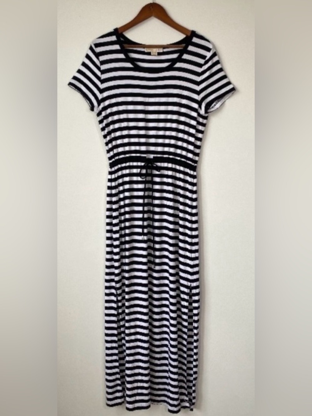 Michael Kors Black & White Striped Short-Sleeve Maxi Dress with Side Slit